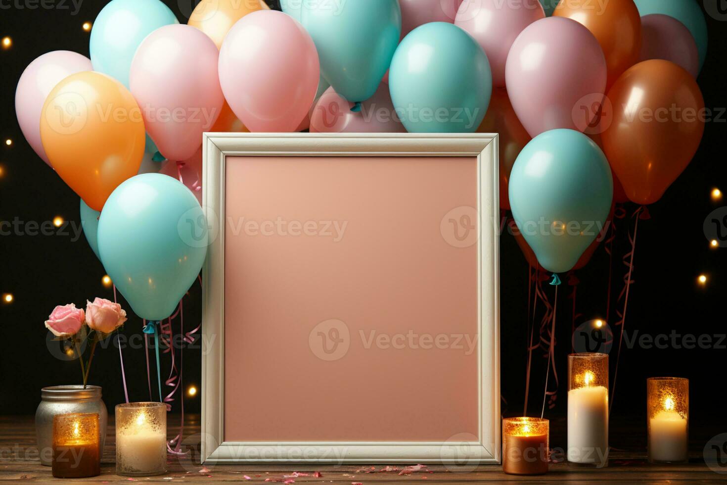 Pastel party mockup, frame, balloons, confetti, flat lay style AI Generated photo