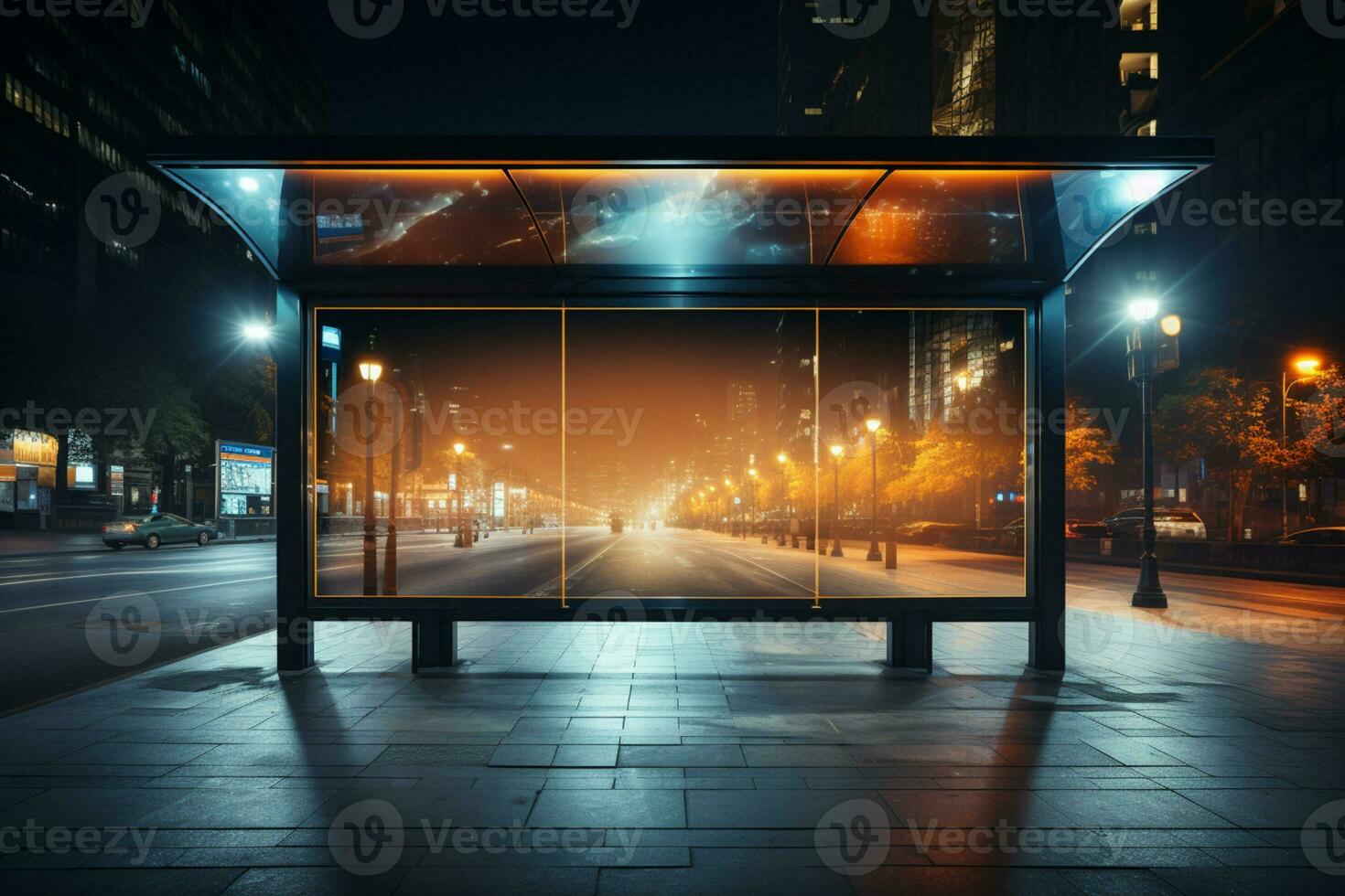 Template banner, night bus station, empty light box mockup AI Generated photo