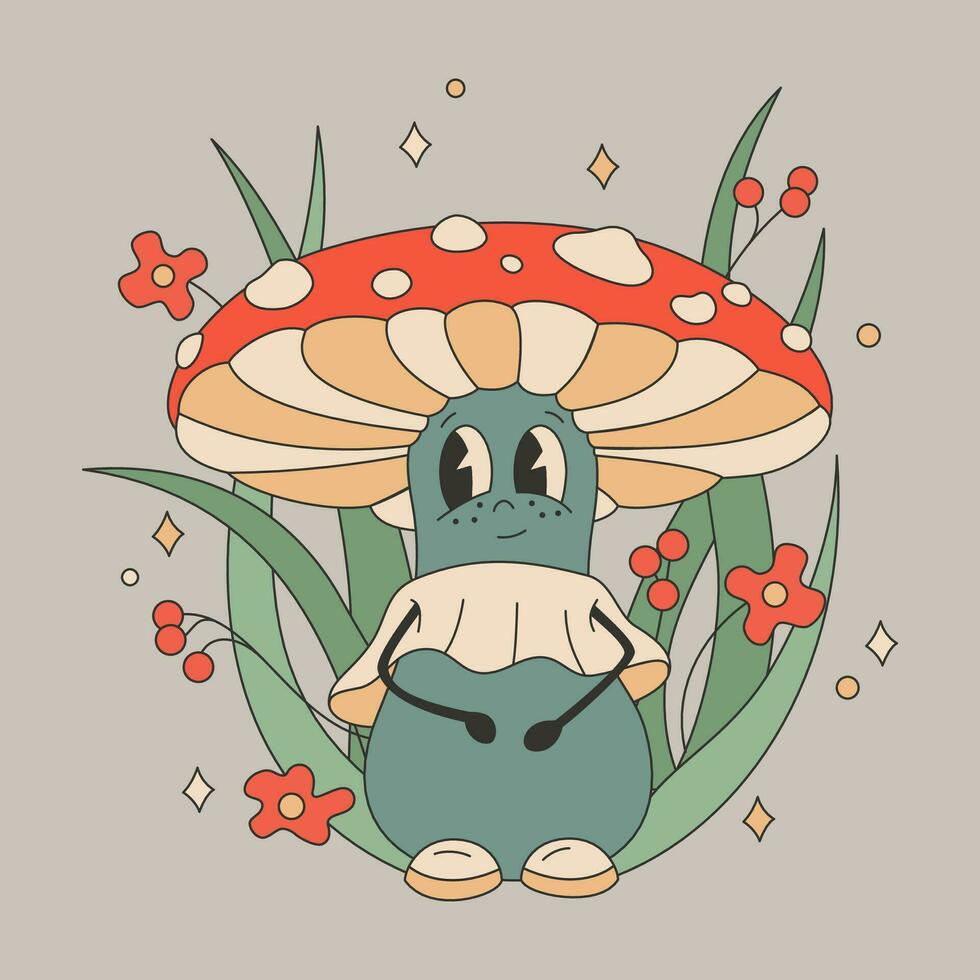 Vector color illustration of a mushroom fly agaric with eyes, herbs and flowers in the style of a groovy in the colors of the 1970s