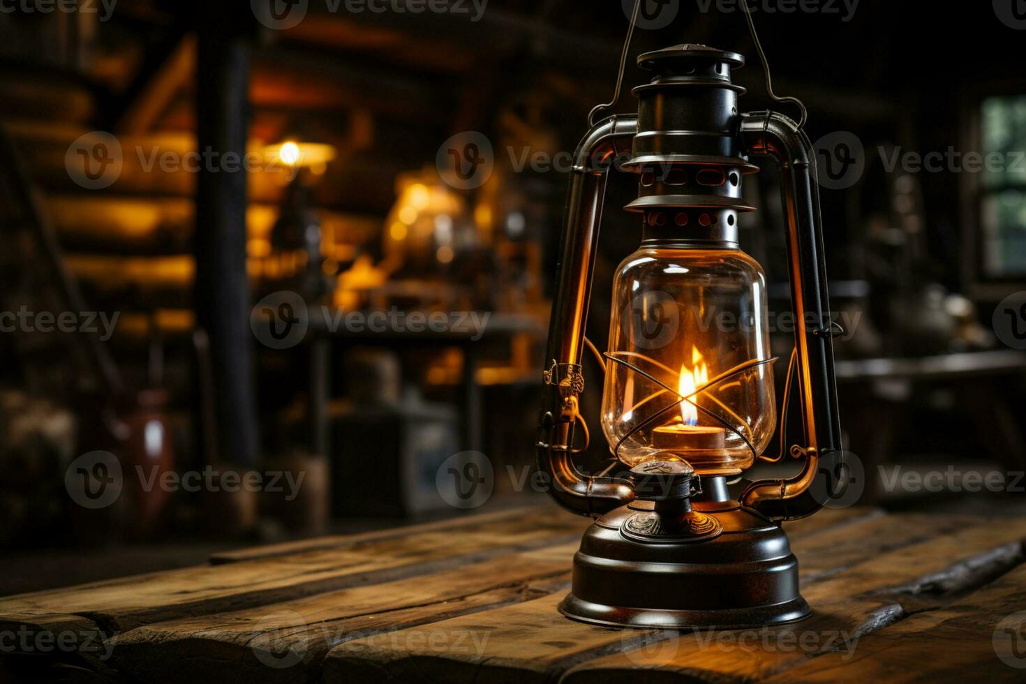 Glowing oil lamp in sunlit rustic barn near window AI Generated photo