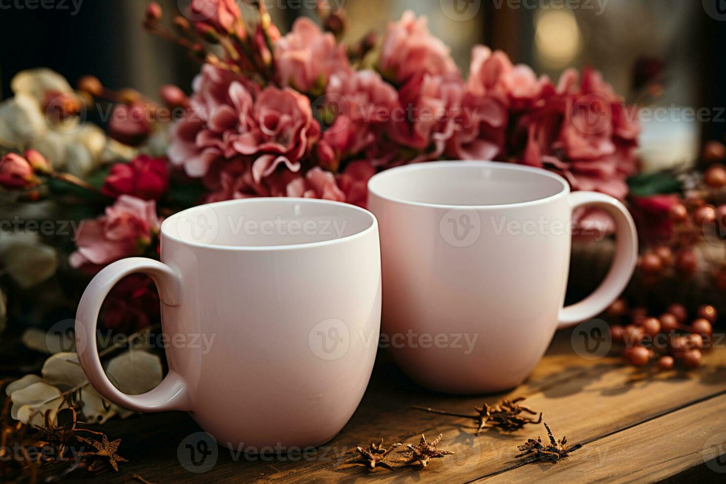 Boho-style wedding mockup, peony, wooden background, two white mugs AI Generated photo