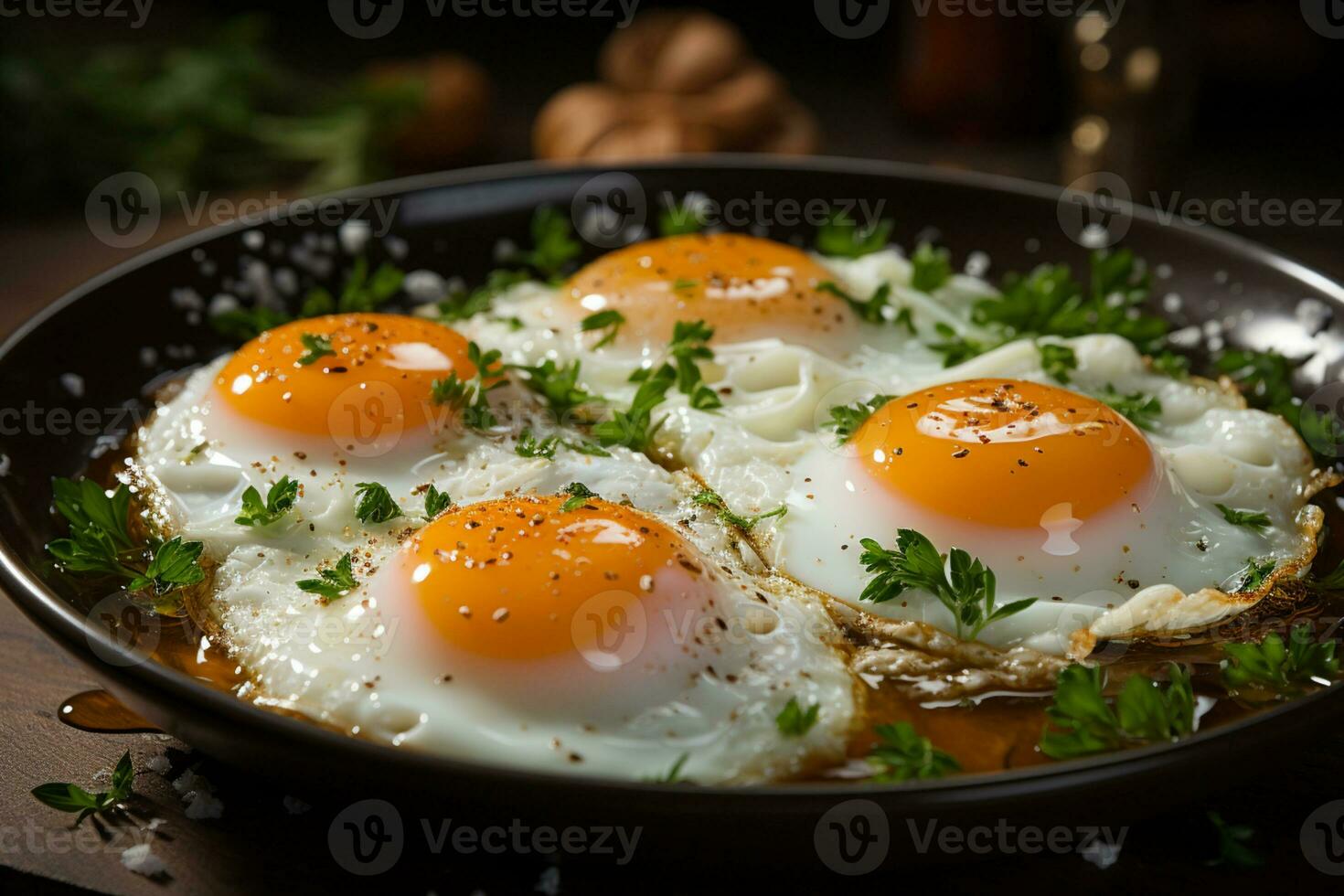 Breakfast perfection, top view of frying sunny side up eggs AI Generated photo