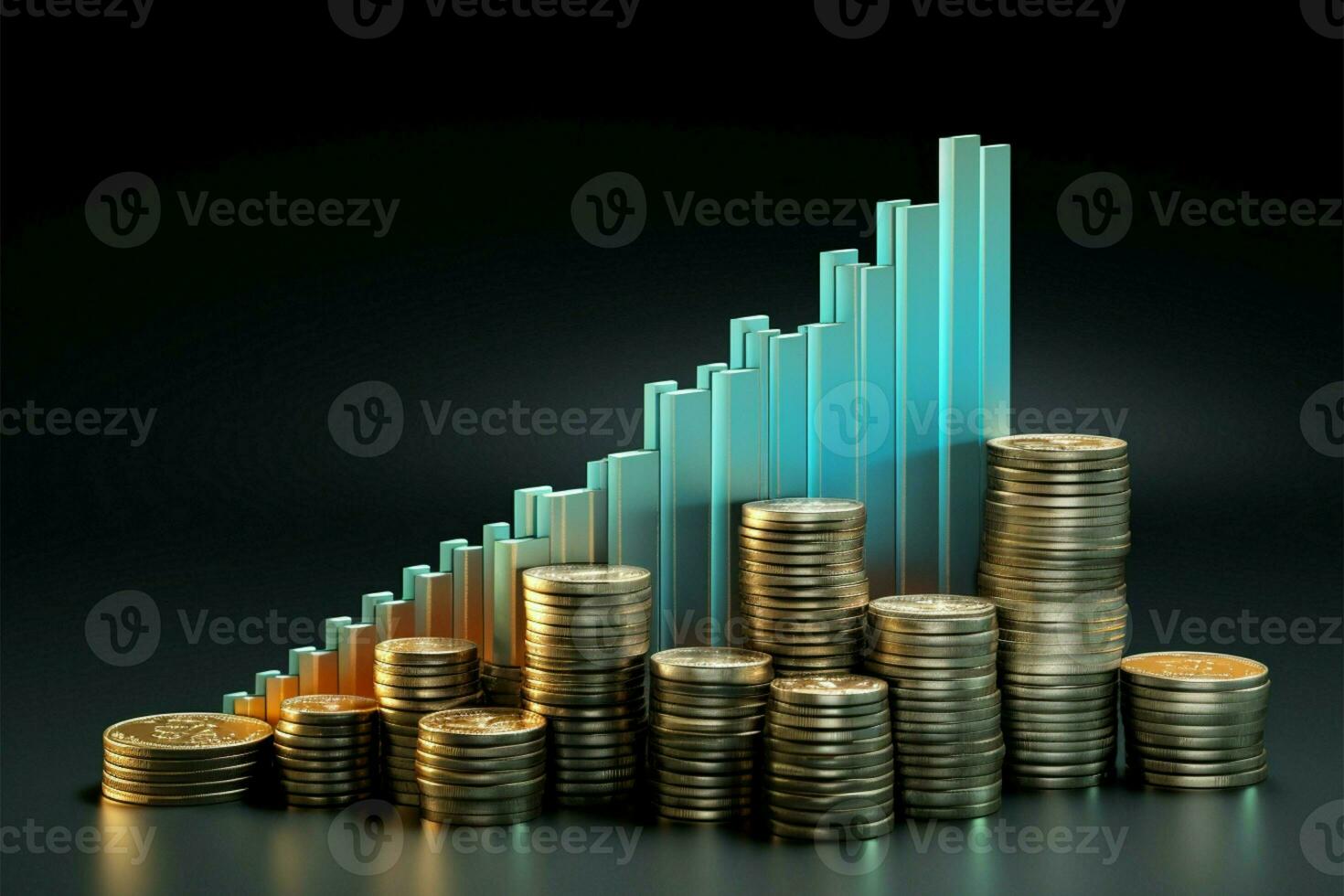 Stacked money shapes chart, 3D arrow signifies financial growth concept AI Generated photo