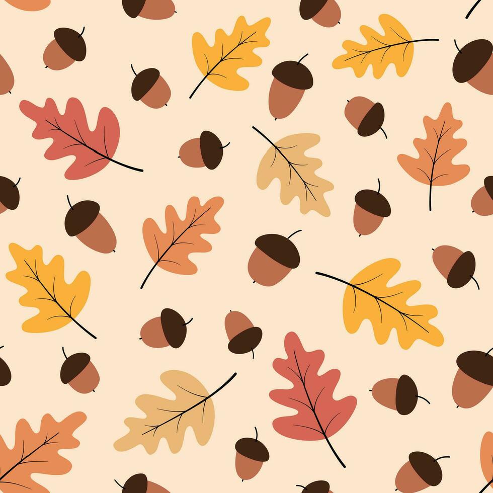 Colorful Autumn Pattern with Oak Leaves and Acorns vector