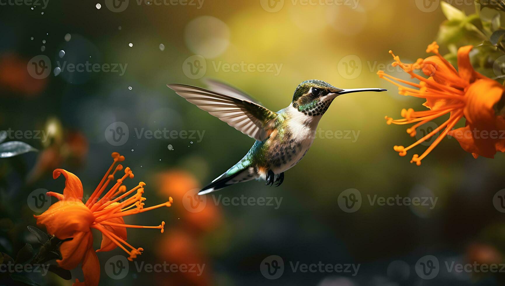 Hummingbird with orange flowers in the garden photo