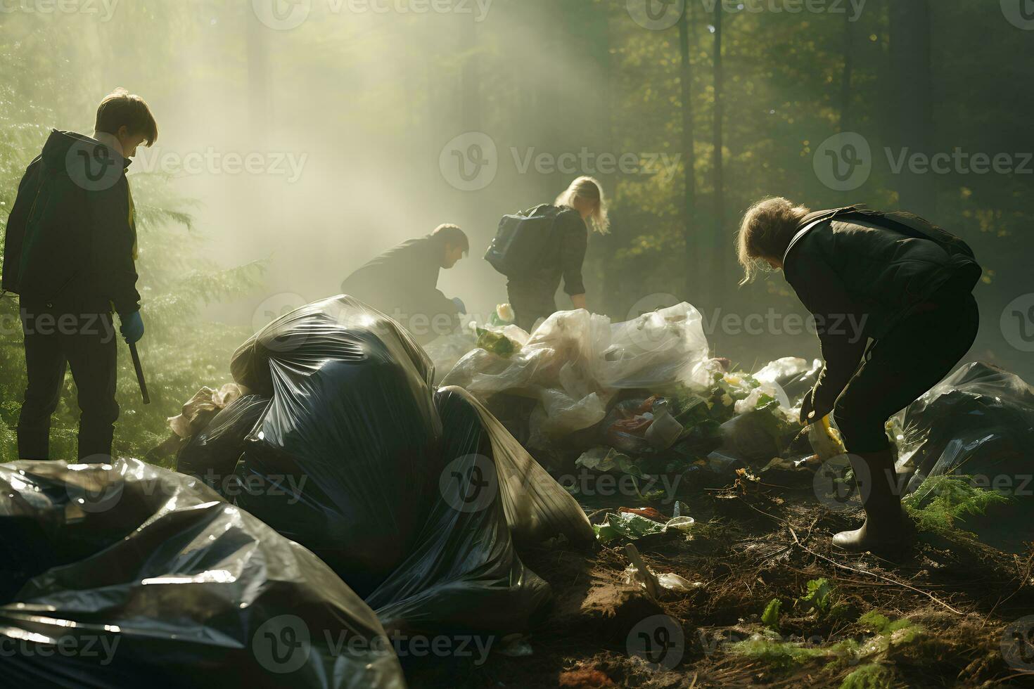 Group of volunteers collecting garbage in the forest. Concept of environmental pollution photo
