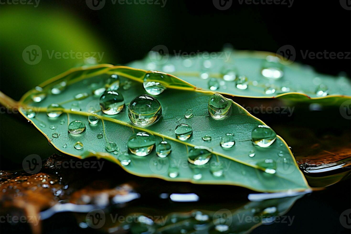 Macro magic water drop on falling leaf AI Generated photo