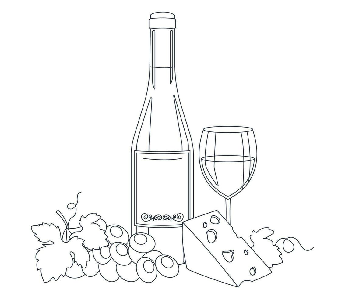 botella de vino, vino en un vaso, queso y uva. arte lineal, contorno solo. vector gráfico.