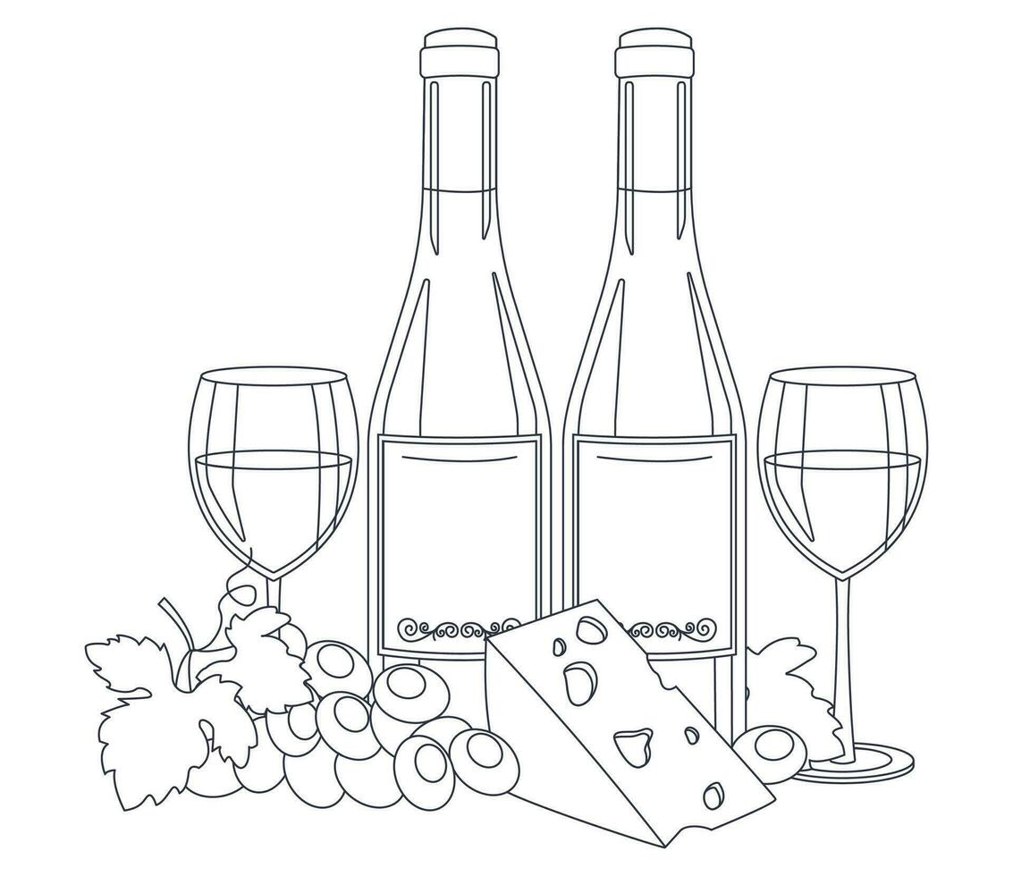 Bottles of wine, wine in glasses, cheese and grape. Lineart, outline only. Vector graphic.