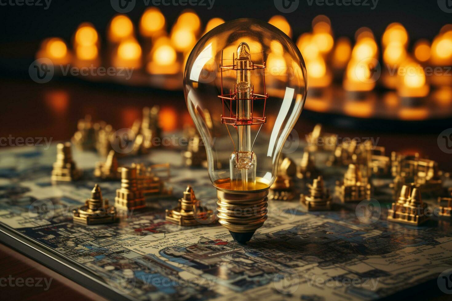 Vintage light bulb and wooden jigsaws - idea, innovation, teamwork Text space AI Generated photo