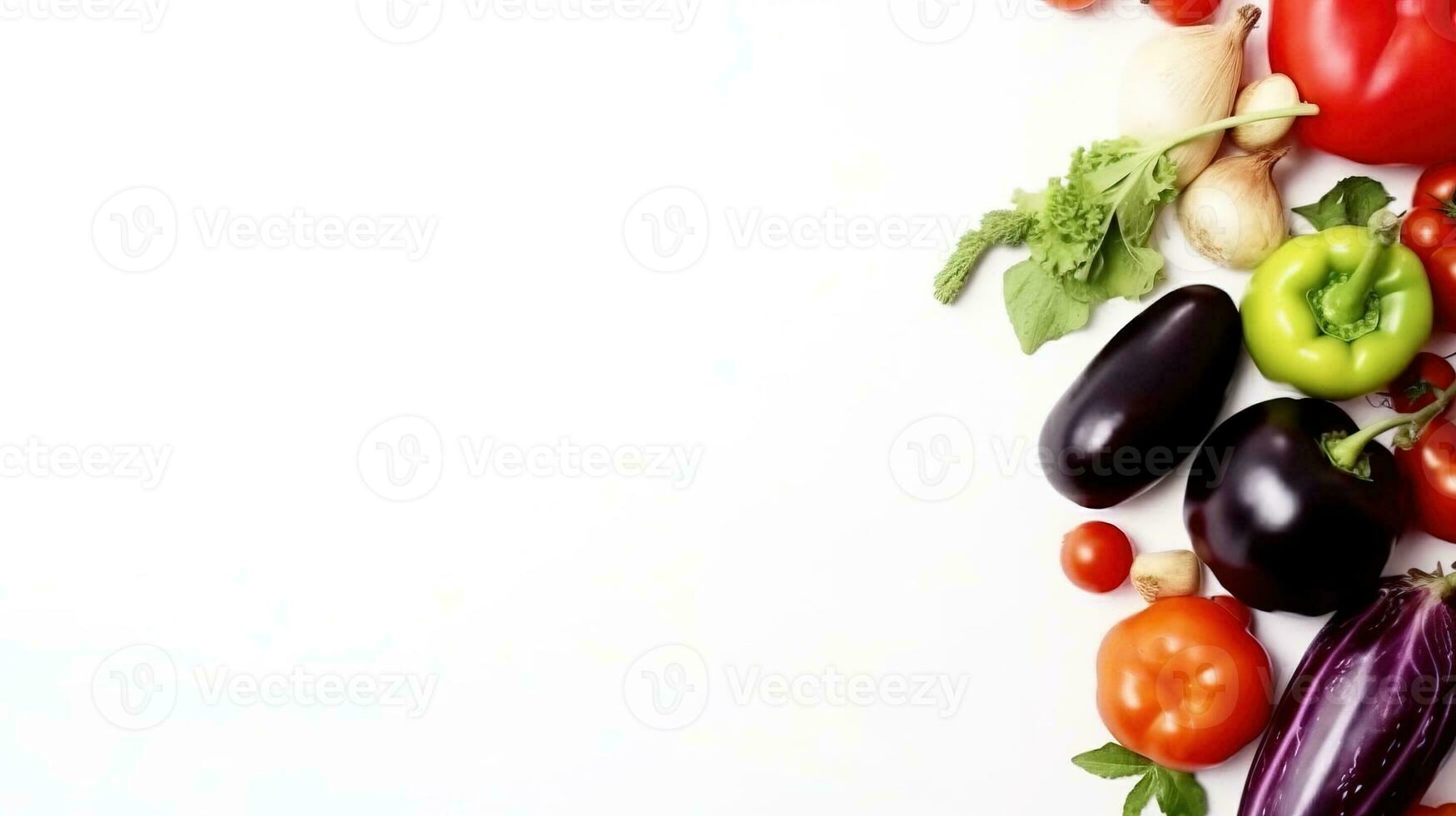 Vegetable layout, white background isolate. Fresh organic vegan products. AI generated. photo