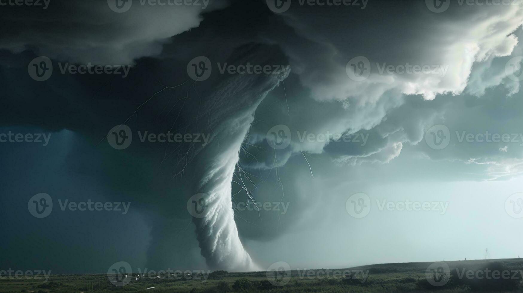 Destructive tornado funnel, natural cataclysm disaster. AI generated. photo