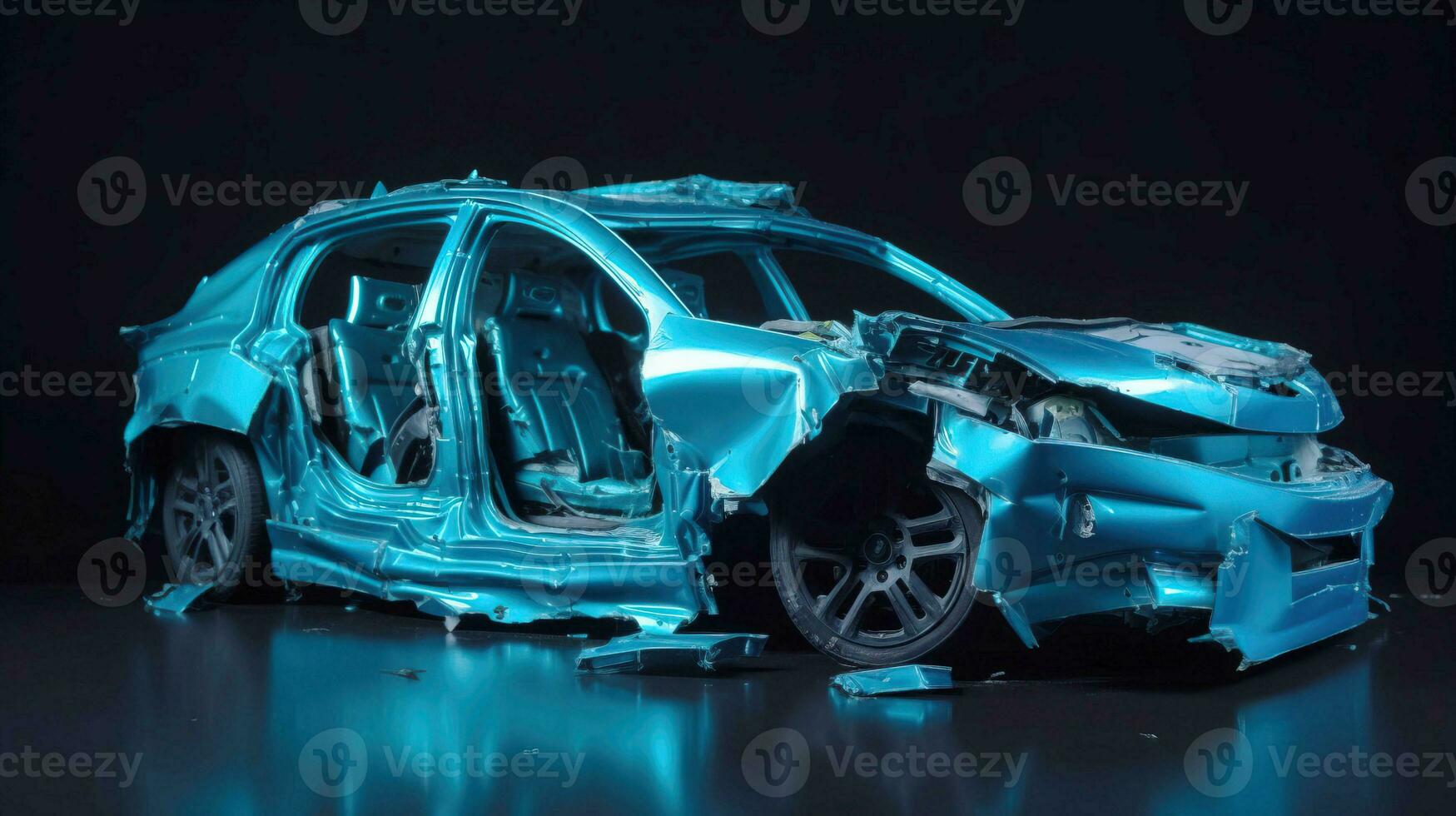 Car accident, broken damaged body metal. Life insurance, technology. Blue car black background. AI generated. photo