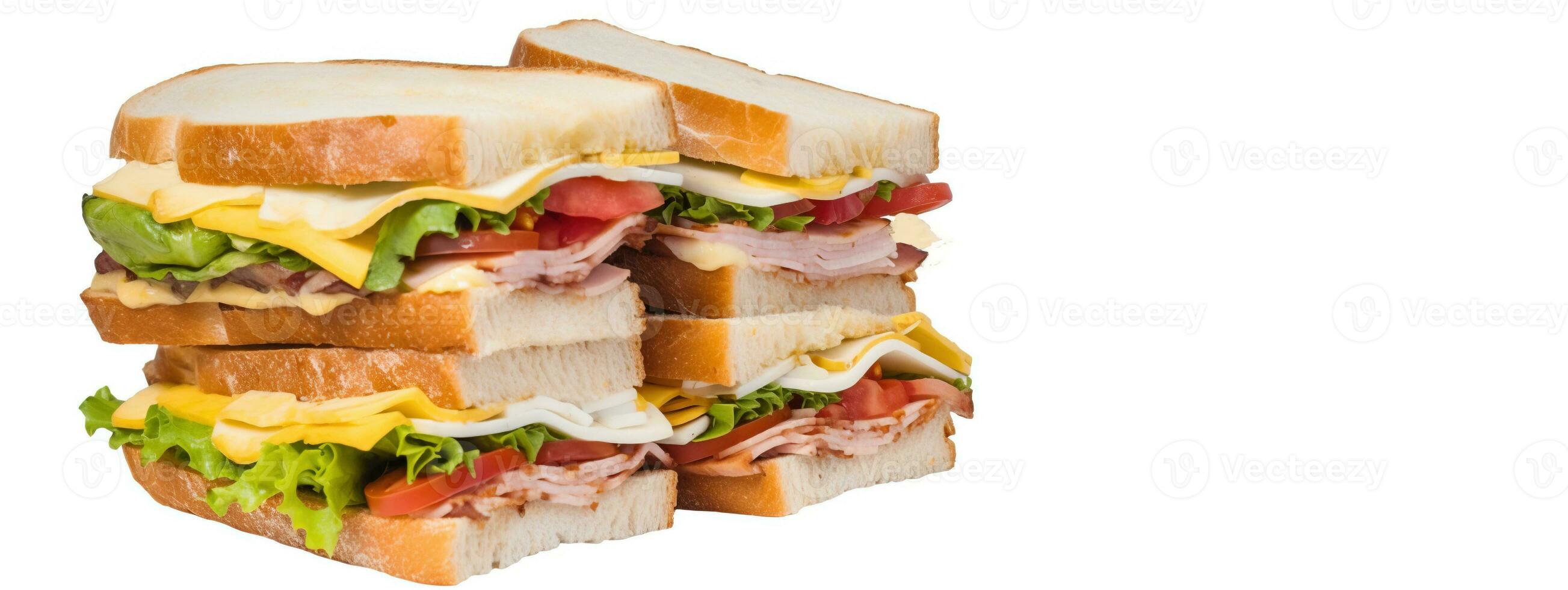 Fresh sandwich with ham, cheese, tomatoes, fast food on white background, isolate. AI generated. photo