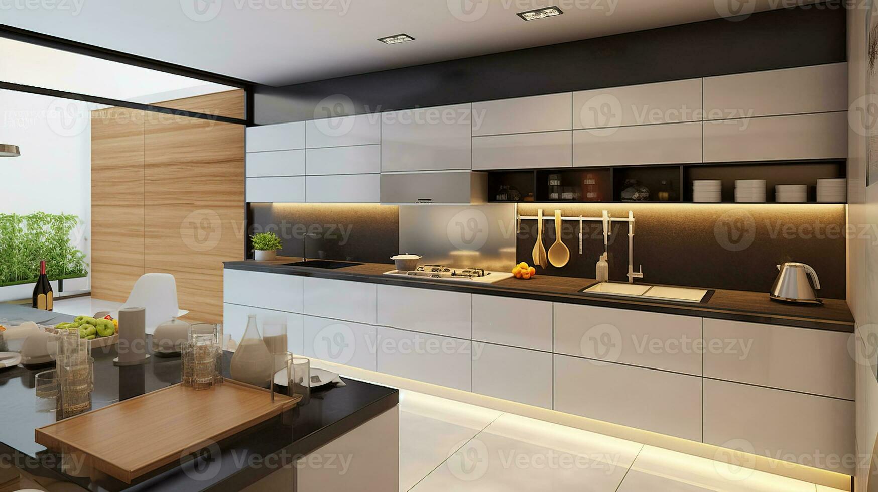 Interior design of a white kitchen in a minimalist style, light background. AI generated. photo