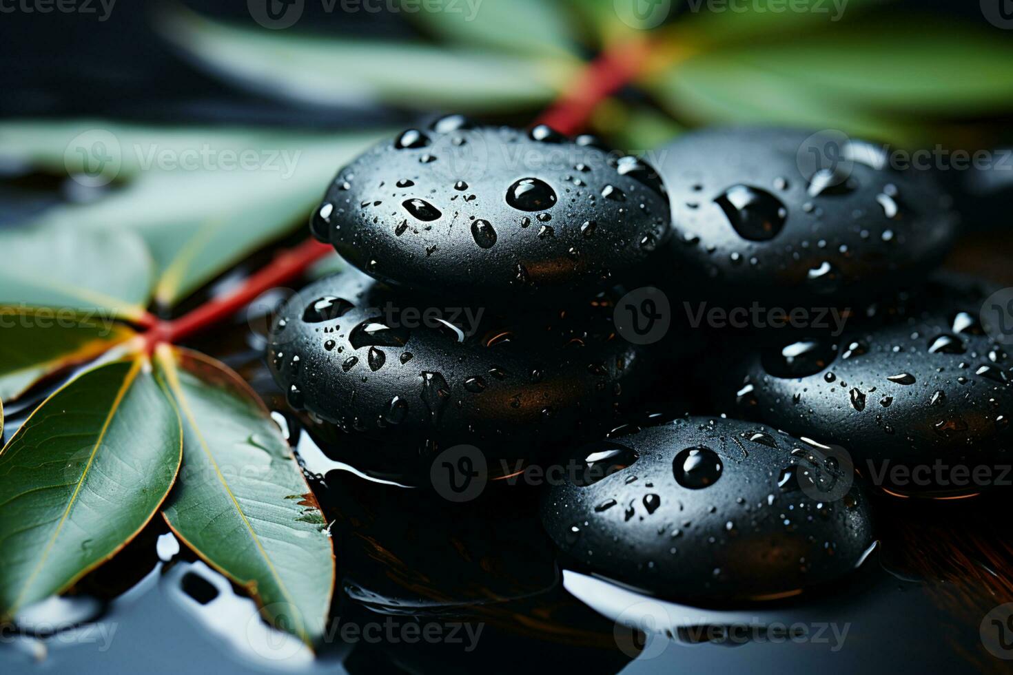 Zen style wet black massage stones with water droplets AI Generated photo