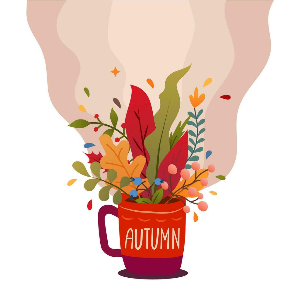A cup of coffee with leaves sticking out of it. The concept of warm autumn vector