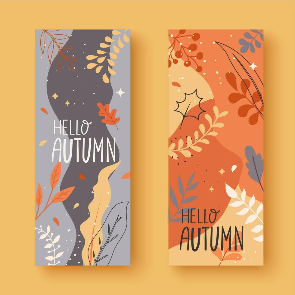 conjunto de dos vertical pancartas en calentar colores con que cae otoño hojas vector
