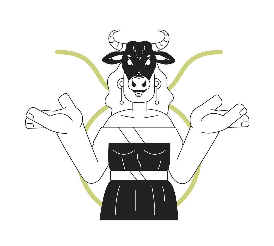 Taurus zodiac sign monochrome concept vector spot illustration. Woman with cow skull on head 2D flat bw cartoon character for web UI design. Astrology isolated editable hand drawn hero image