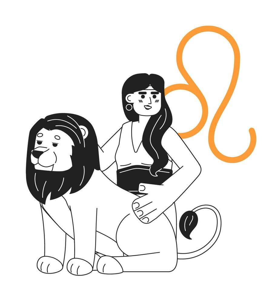 Leo zodiac sign monochrome concept vector spot illustration. Brave young woman with lion 2D flat bw cartoon character for web UI design. Astrology isolated editable hand drawn hero image