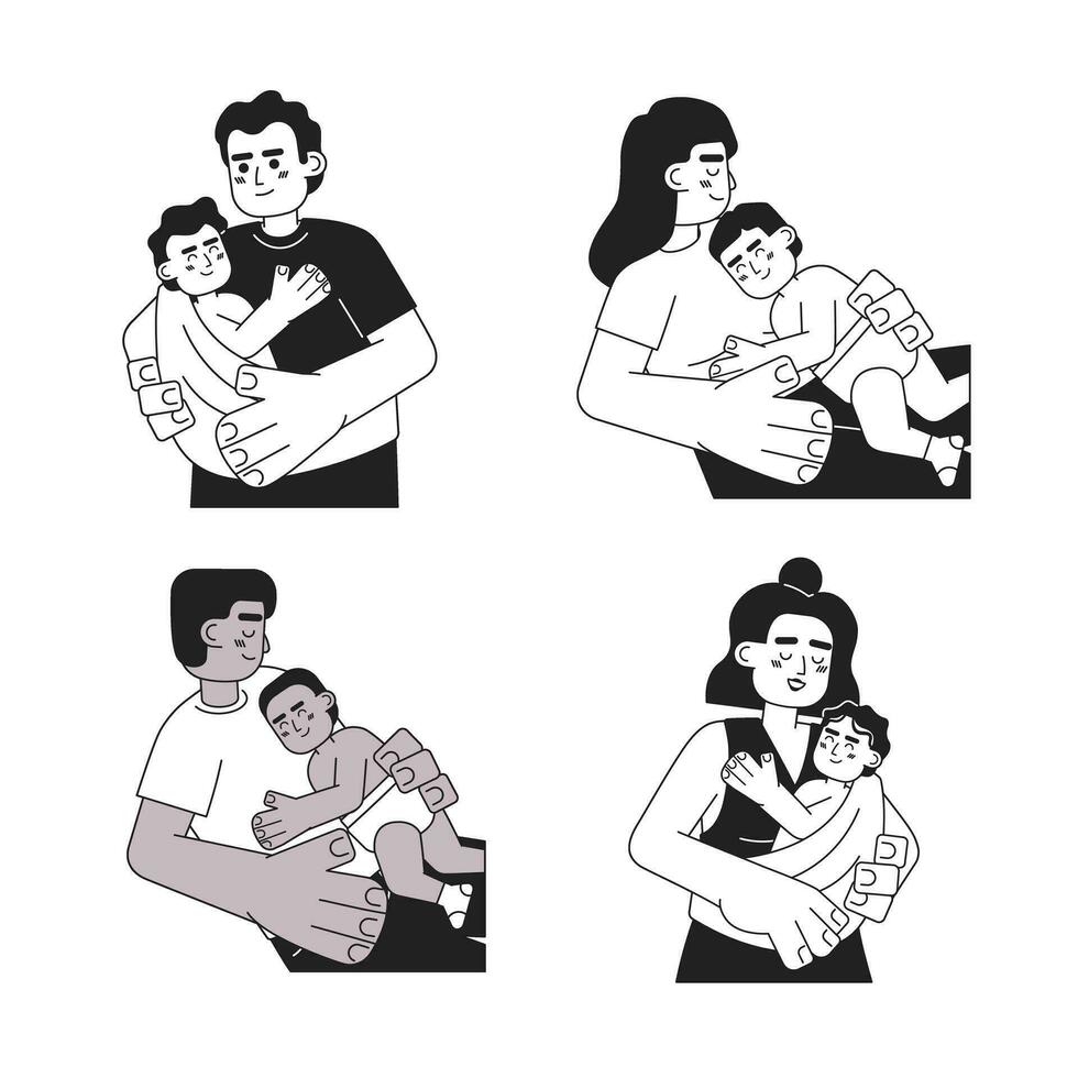 paternidad monocromo concepto vector Mancha ilustraciones colocar. padres tomando cuidado de bebés. niños pequeños 2d plano bw dibujos animados caracteres para web ui diseño. aislado editable mano dibujado héroe imágenes paquete