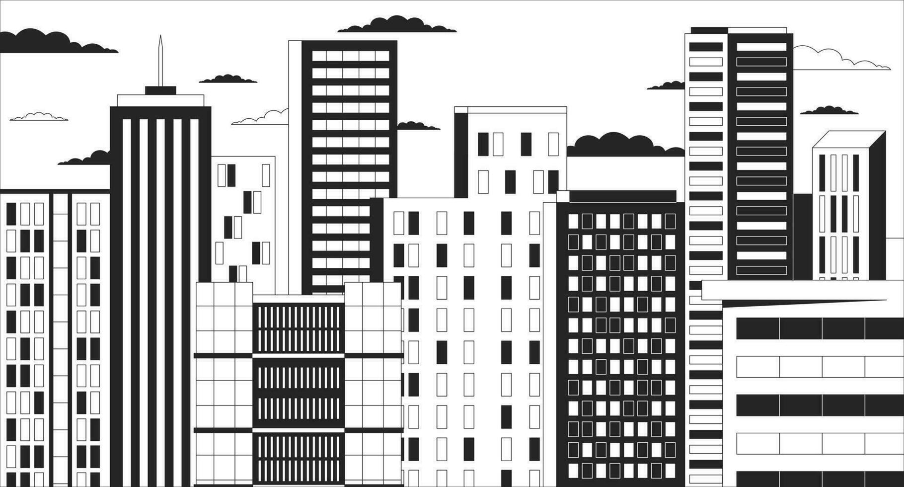Twilight skyscrapers black and white chill lo fi background. High rise buildings sundown dusk linear 2D vector cartoon cityscape illustration, monochromatic lofi wallpaper desktop. Bw 90s retro art