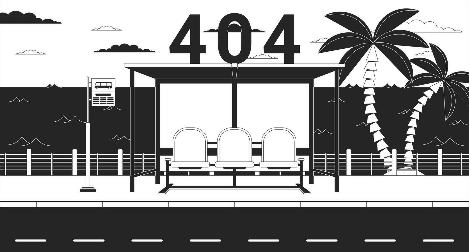 autobús detener banco en crepúsculo frente al mar negro blanco error 404 destello mensaje. esperando autobús. monocromo aterrizaje página ui diseño. no encontró dibujos animados imagen, soñador vibras. vector plano contorno ilustración