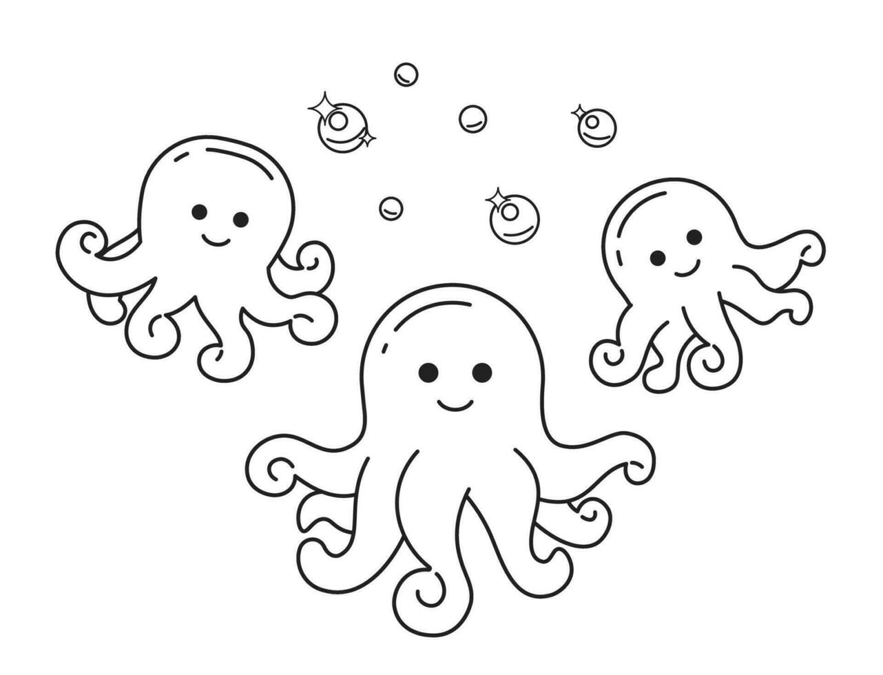 Smiling octopuses with sparkling bubbles monochromatic flat vector characters. Dreamlike sea creatures. Editable thin line full body personages on white. Simple bw cartoon spot image for web design