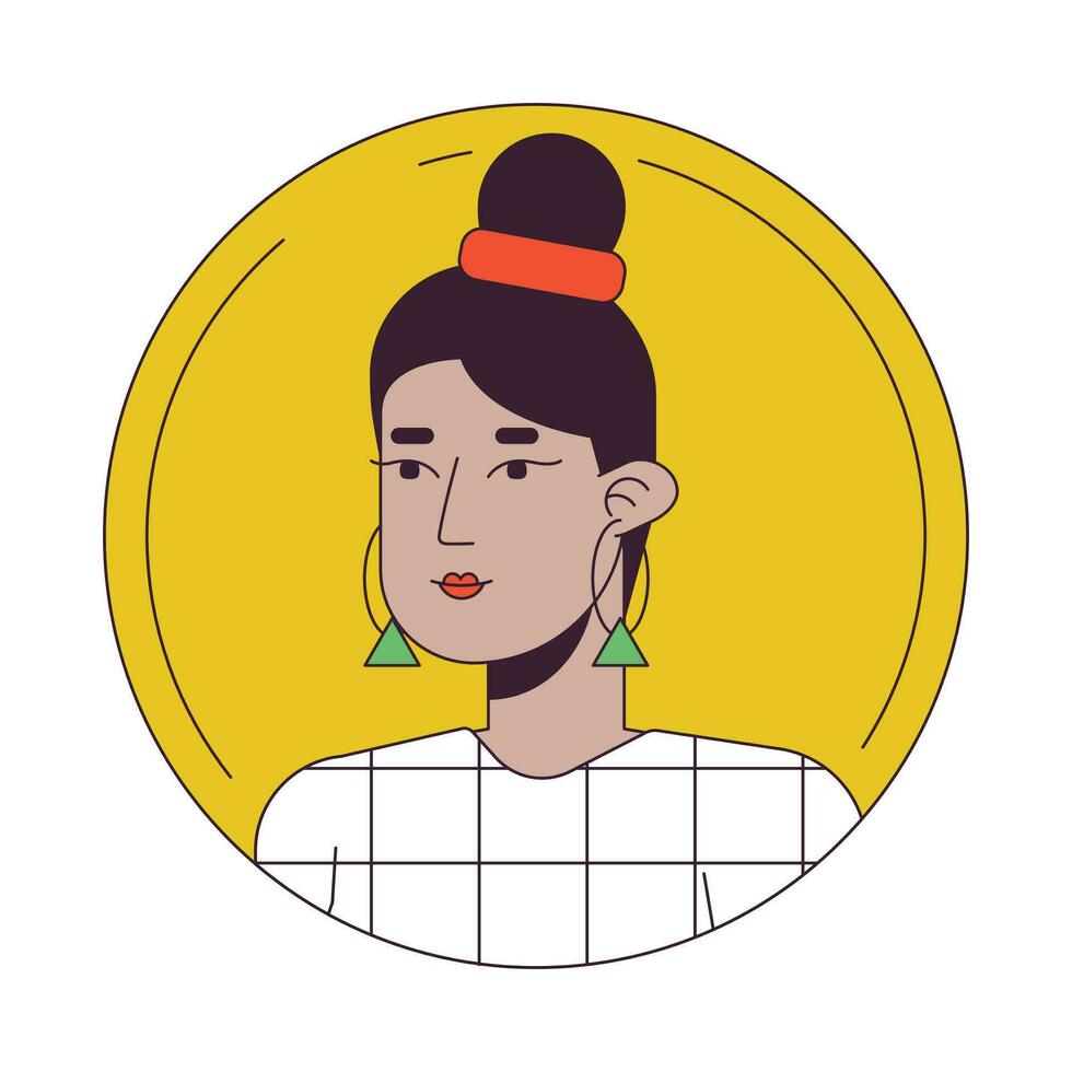 Pretty hispanic woman flat color cartoon avatar icon. Bun hairstyle. Editable 2D user portrait linear illustration. Isolated vector face profile clipart. Userpic, person head and shoulders