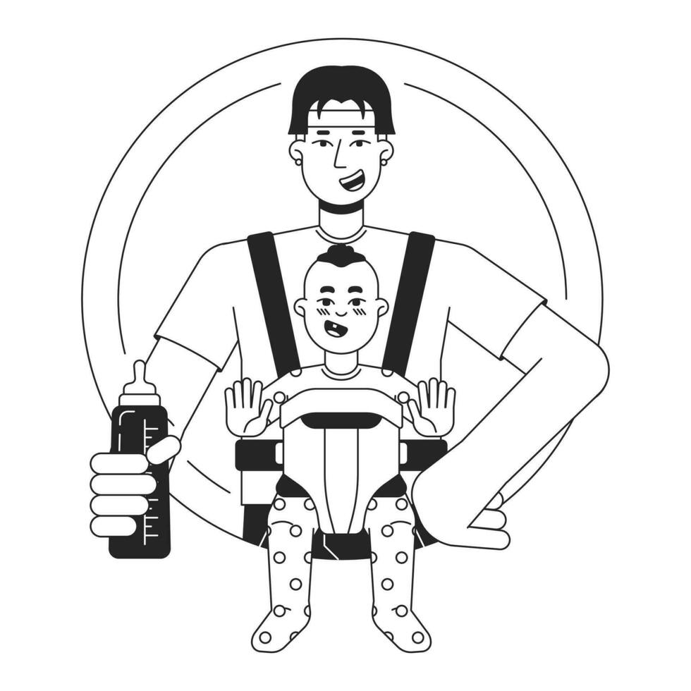 Happy asian babysitter flat line black white vector character. Father with baby. Child in carrier. Editable outline half body person. Simple cartoon isolated spot illustration for web graphic design