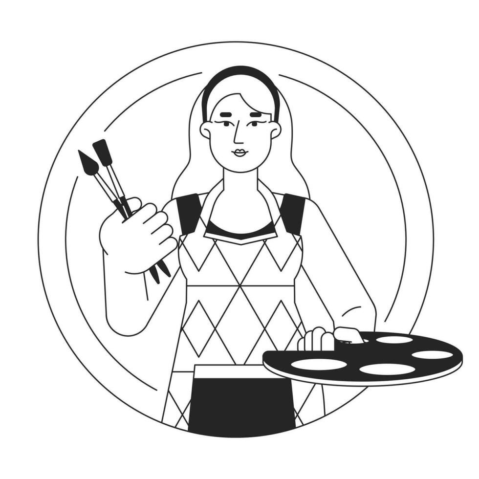 Caucasian artist flat line black white vector character. Woman holding palette and paintbrushes. Editable outline half body person. Simple cartoon isolated spot illustration for web graphic design