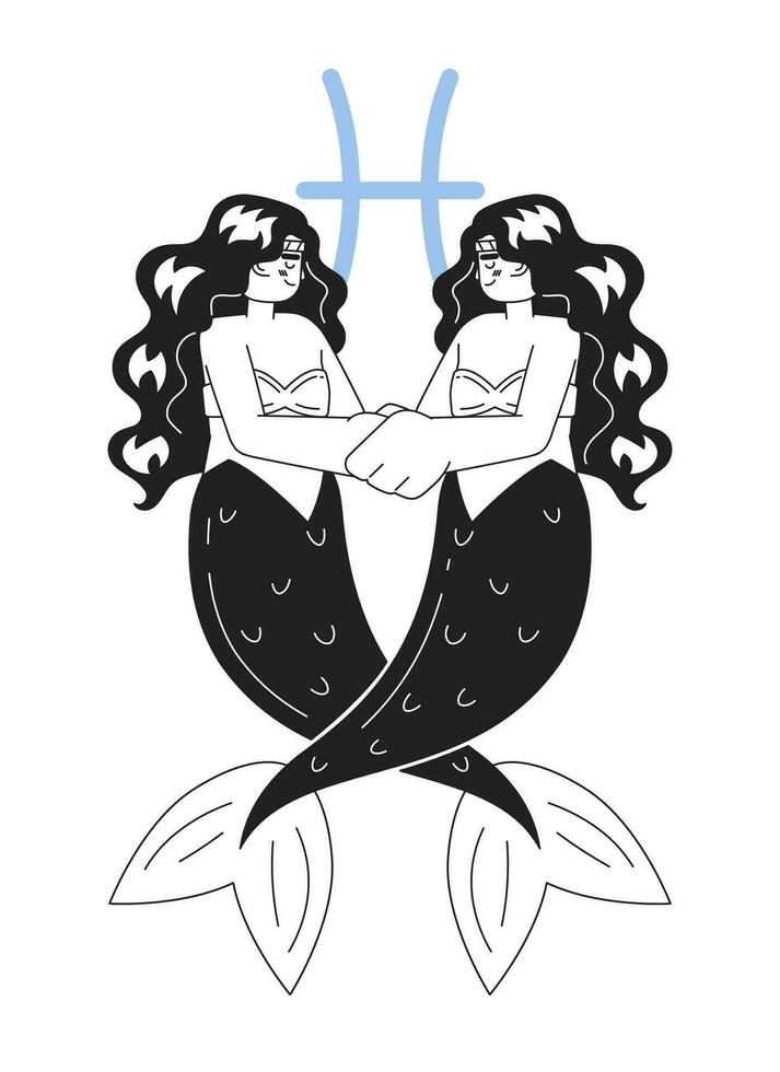 Pisces zodiac sign monochrome concept vector spot illustration. Mermaid tails entwining. Hugging. 2D flat bw cartoon characters for web UI design. Astrology isolated editable hand drawn hero image