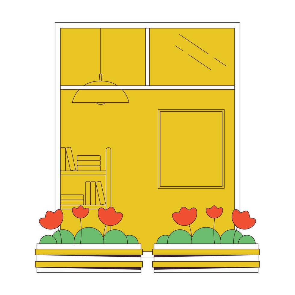 Balcony window with flowers in pots flat line concept vector spot illustration. Architecture 2D cartoon outline object on white for web UI design. Editable isolated color hero image