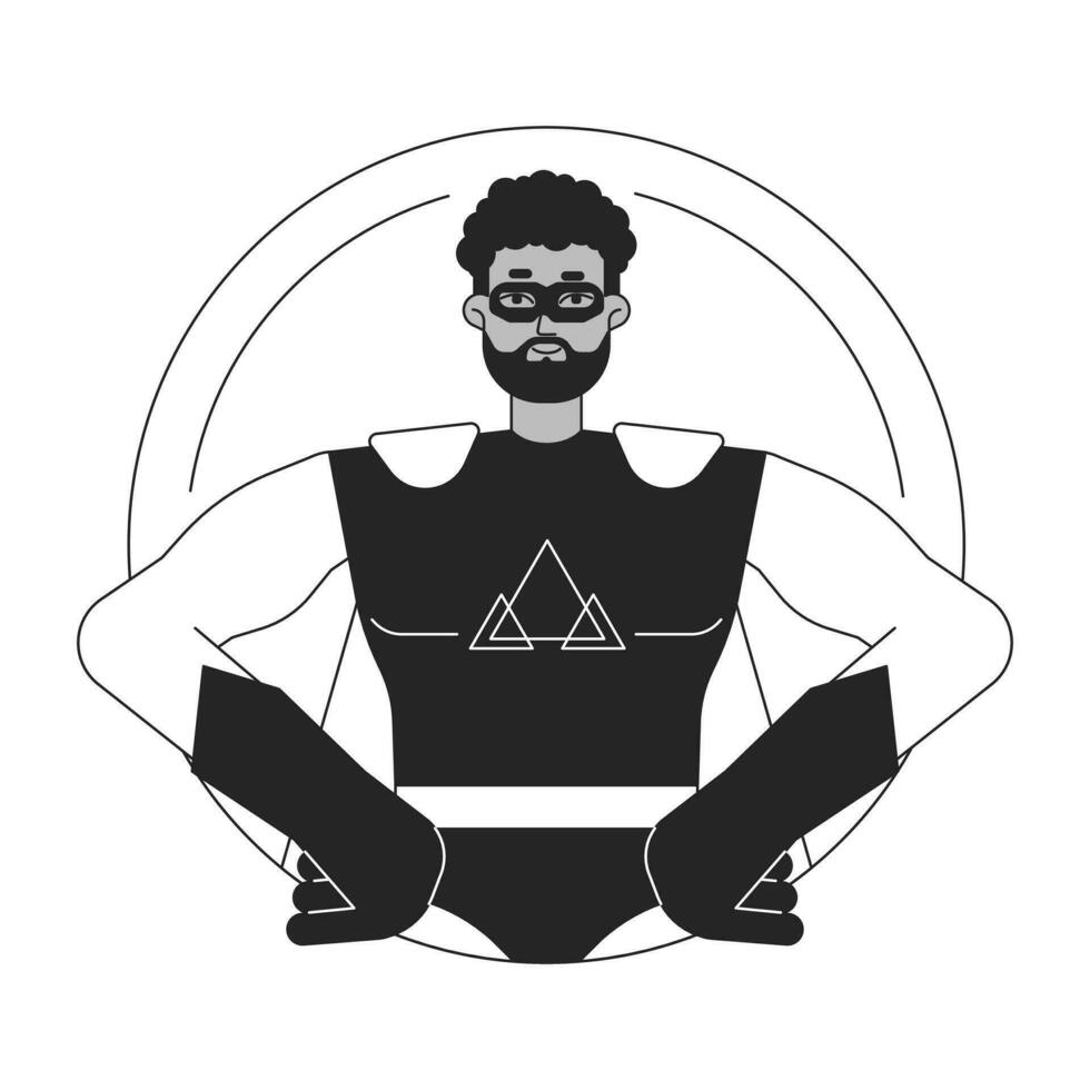 superhéroe plano línea negro blanco vector personaje. poderoso hombre en mascarilla. manos en cintura. editable contorno medio cuerpo persona. sencillo dibujos animados aislado Mancha ilustración para web gráfico diseño