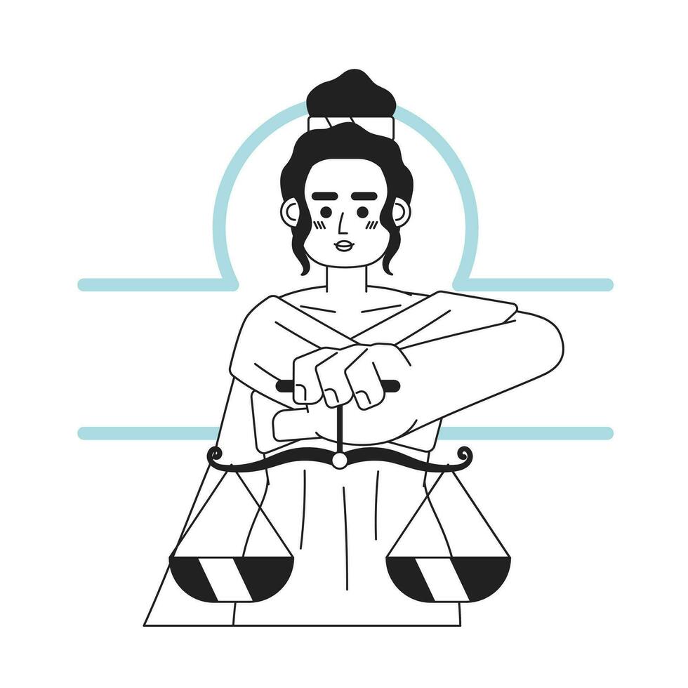 Libra zodiac sign monochrome concept vector spot illustration. Pretty woman holding measurement scales 2D flat bw cartoon character for web UI design. Astrology isolated editable hand drawn hero image