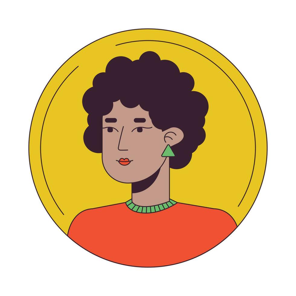 Dark haired afro woman flat color cartoon avatar icon. Curly hair. Cute face. Editable 2D user portrait linear illustration. Isolated vector face profile clipart. Userpic, person head and shoulders