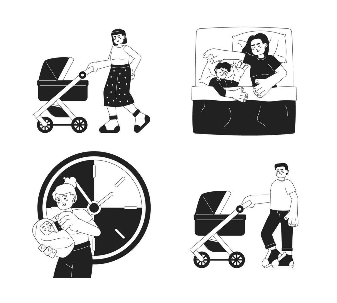Taking care of baby monochrome concept vector spot illustrations set. Baby feeding. Walking 2D flat bw cartoon characters for web UI design. Isolated editable hand drawn hero images collection