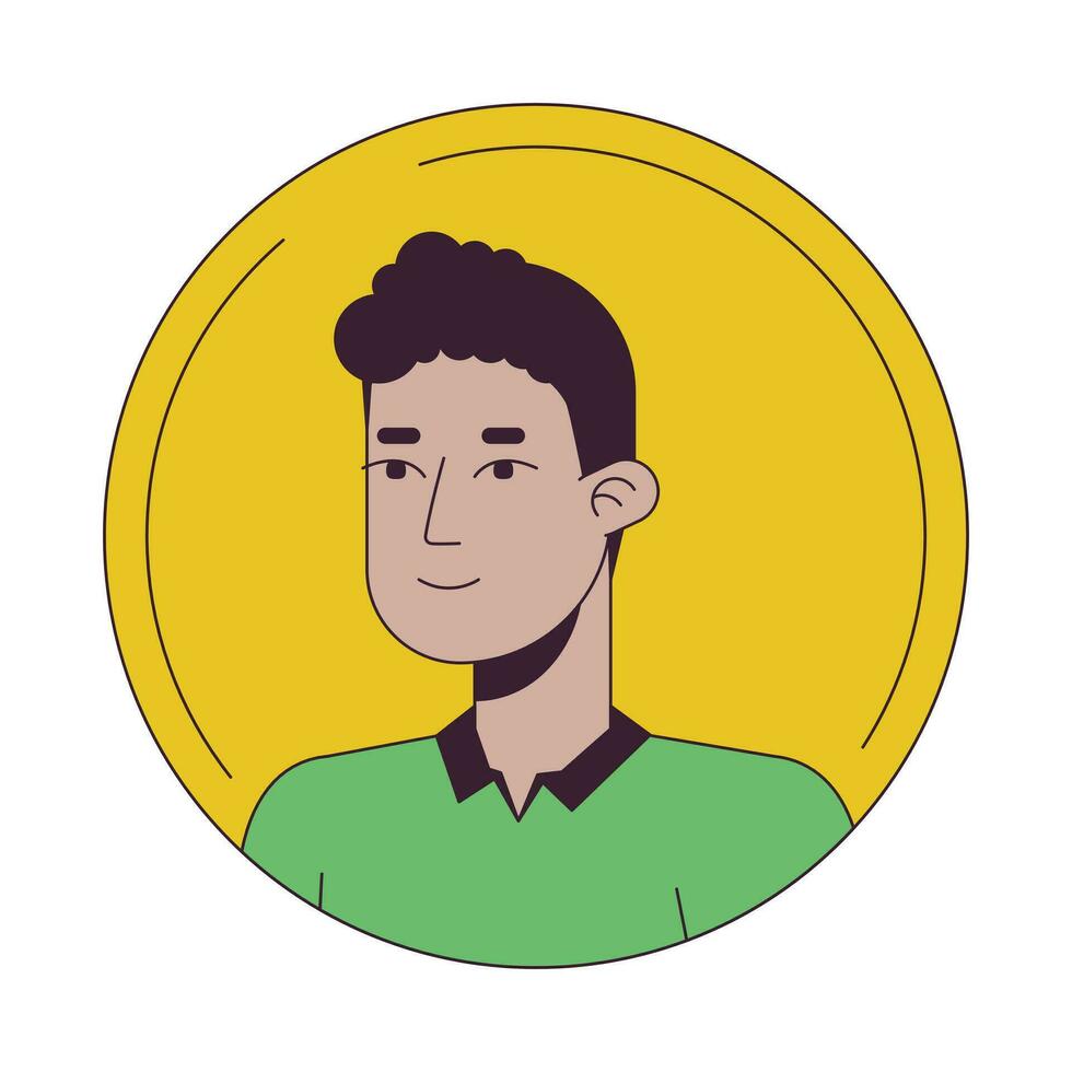 joven Hispano chico plano color dibujos animados avatar icono. hombre sonriente. compañero de equipo editable 2d usuario retrato lineal ilustración. aislado vector cara perfil clipart. foto de usuario, persona cabeza y espalda