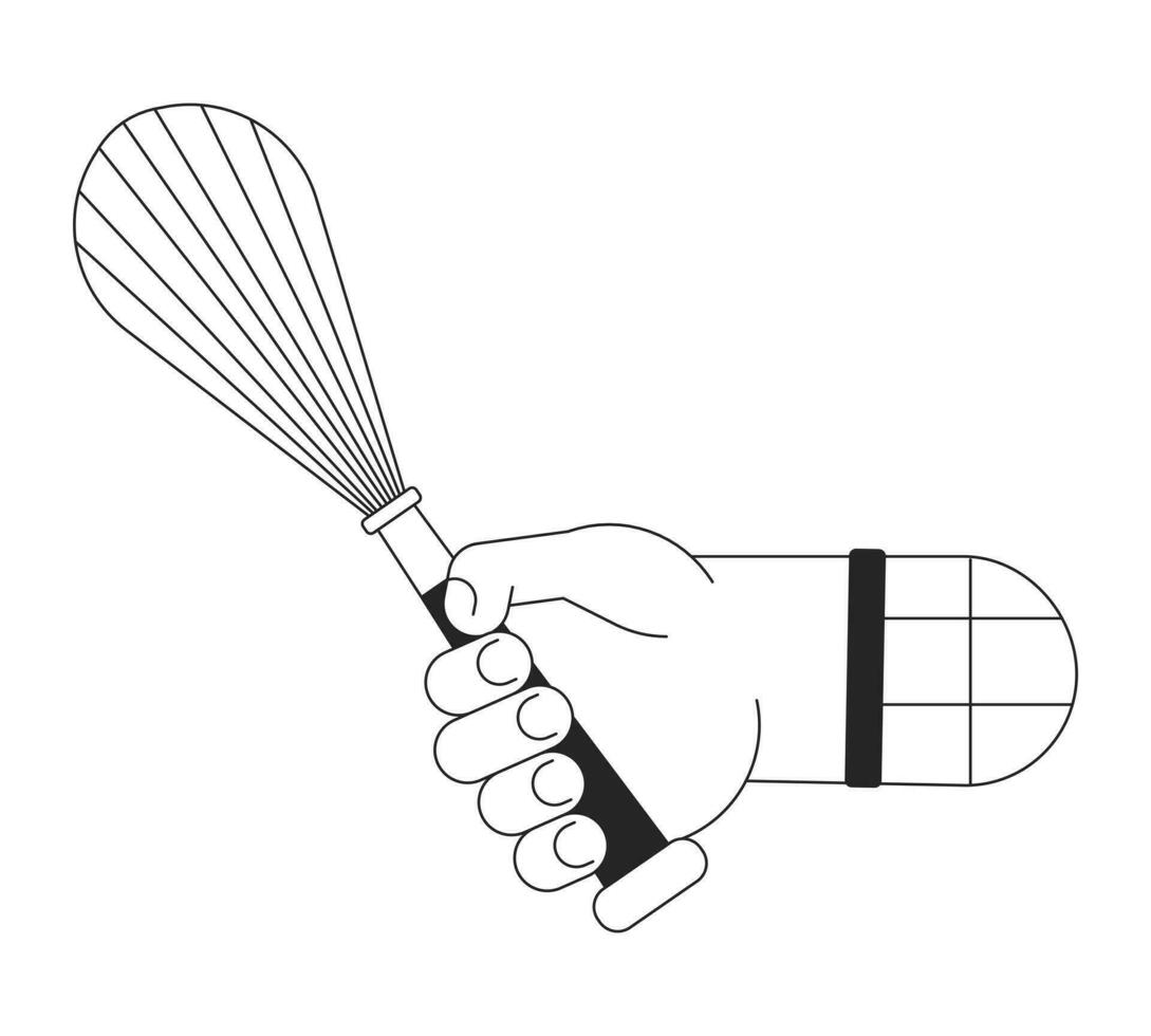 Whipping whisk in hand bw concept vector spot illustration. Cooking steel utensil 2D cartoon flat line monochromatic hand for web UI design. Editable isolated outline hero image