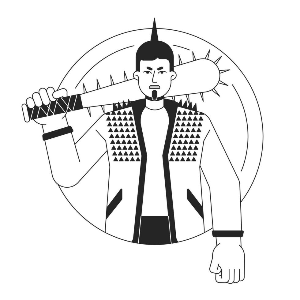 Aggressive punk with baseball bat flat line black white vector character. Rebel. Angry young man. Weapon. Editable outline half body person. Simple cartoon isolated spot illustration for web design