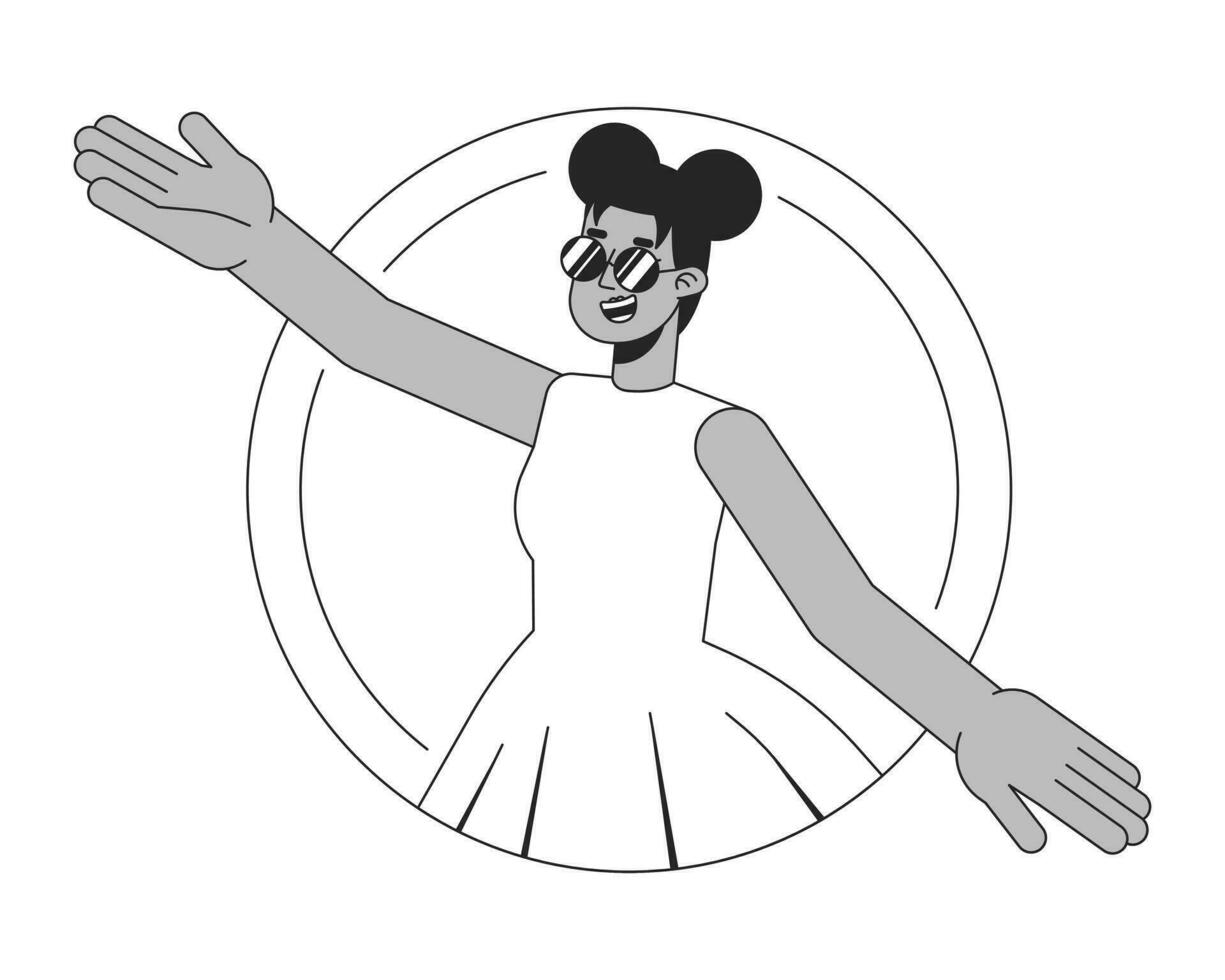 africano americano niña en lentes plano línea negro blanco vector personaje. joven mujer lanzar arriba manos. editable contorno medio cuerpo persona. sencillo dibujos animados aislado Mancha ilustración para web gráfico diseño