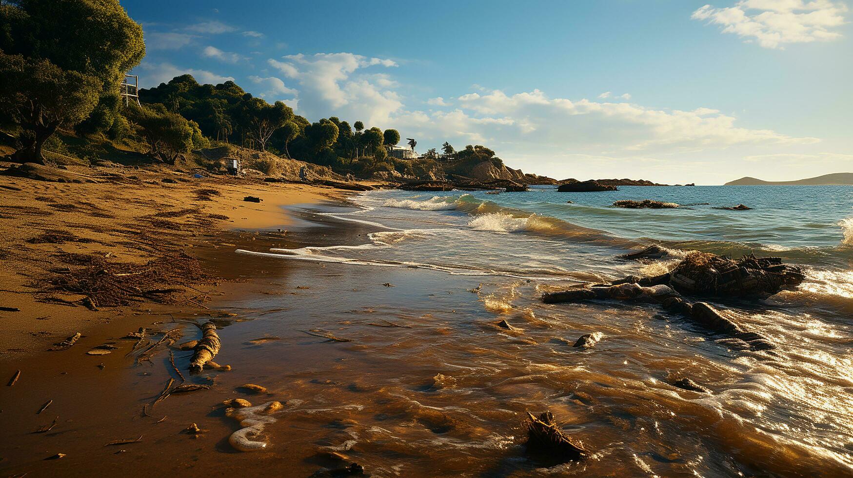 photo-realistic of dirty beach at afternoon with so much garbage AI generated photo