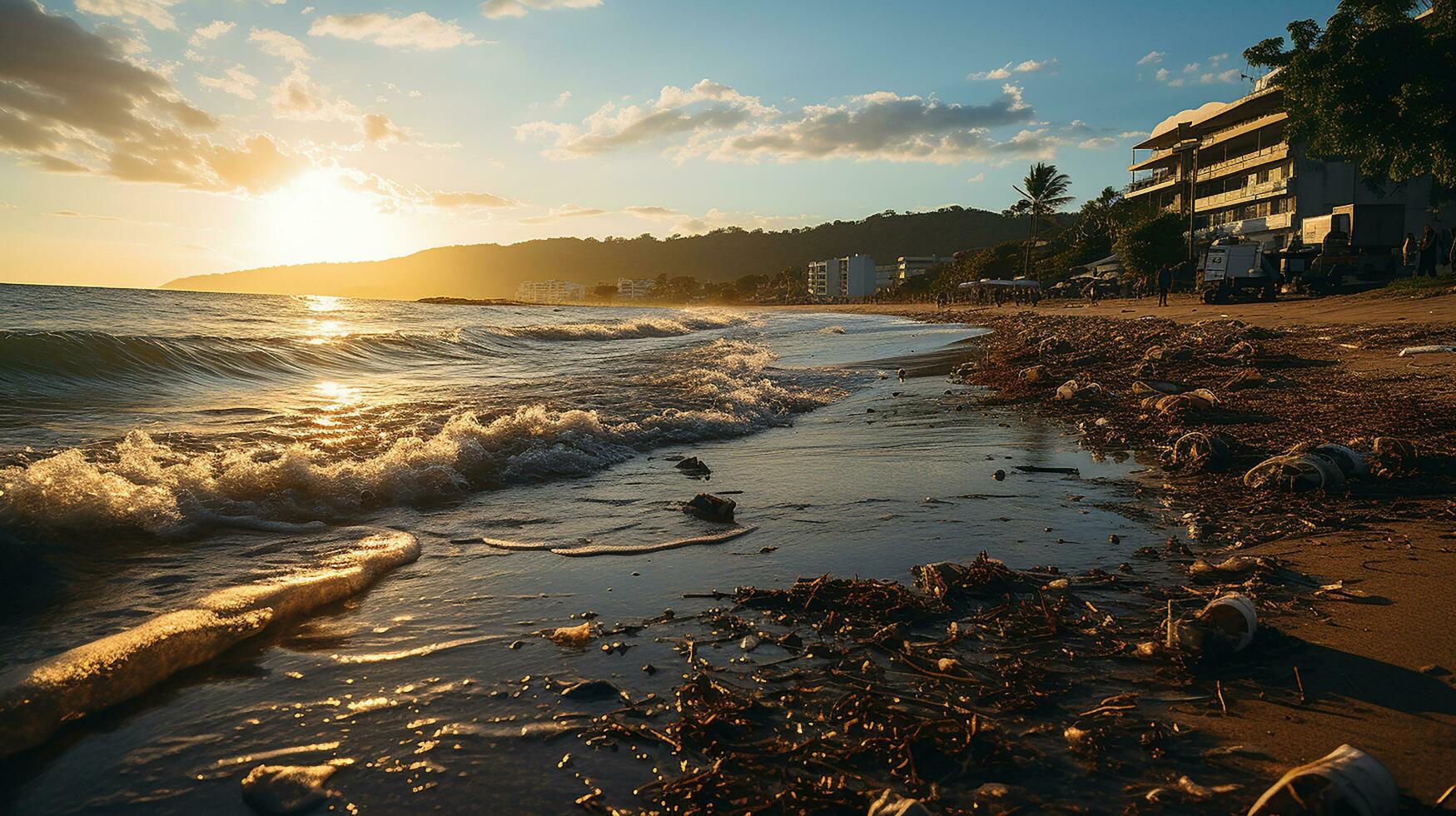 photo-realistic of dirty beach at afternoon with so much garbage AI generated photo