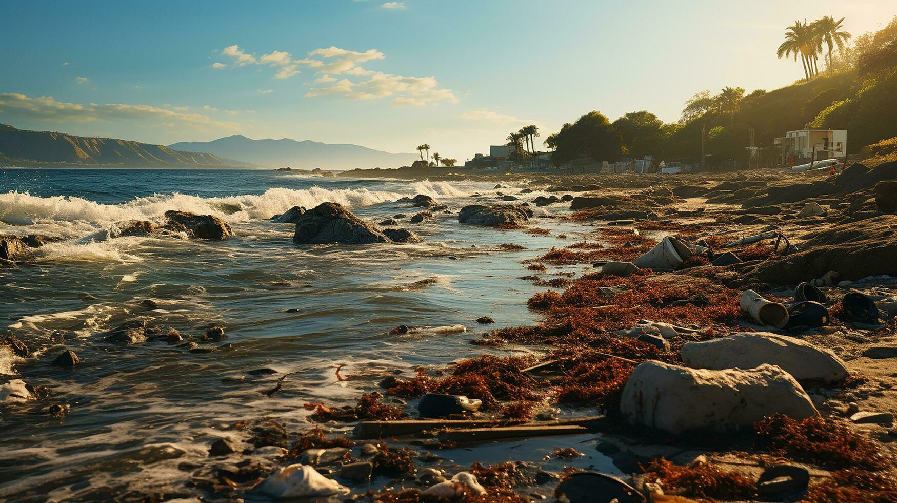 photo-realistic of dirty beach at afternoon with so much garbage AI generated photo
