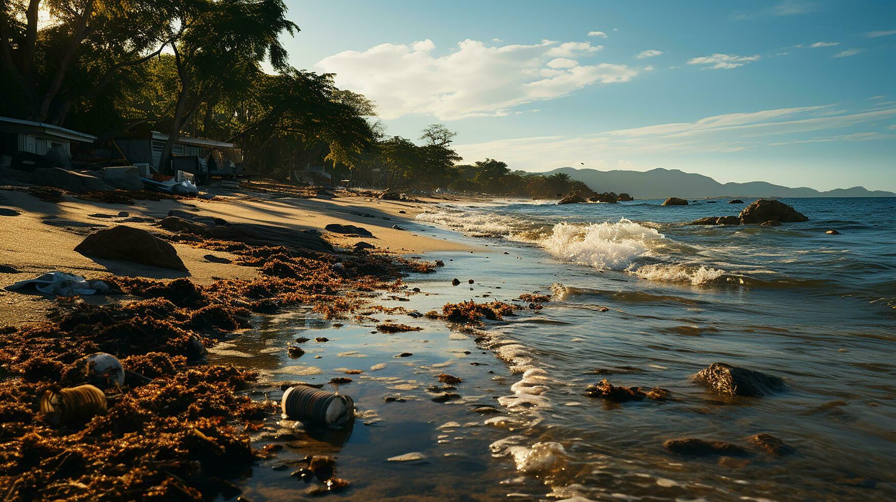 photo-realistic of dirty beach at afternoon with so much garbage AI generated photo