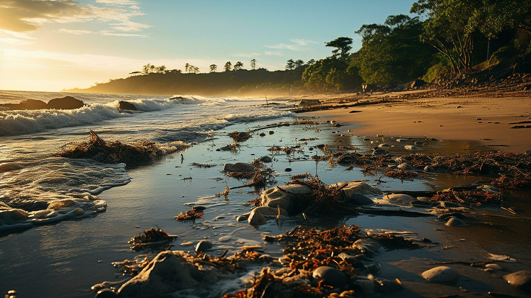 photo-realistic of dirty beach at afternoon with so much garbage AI generated photo