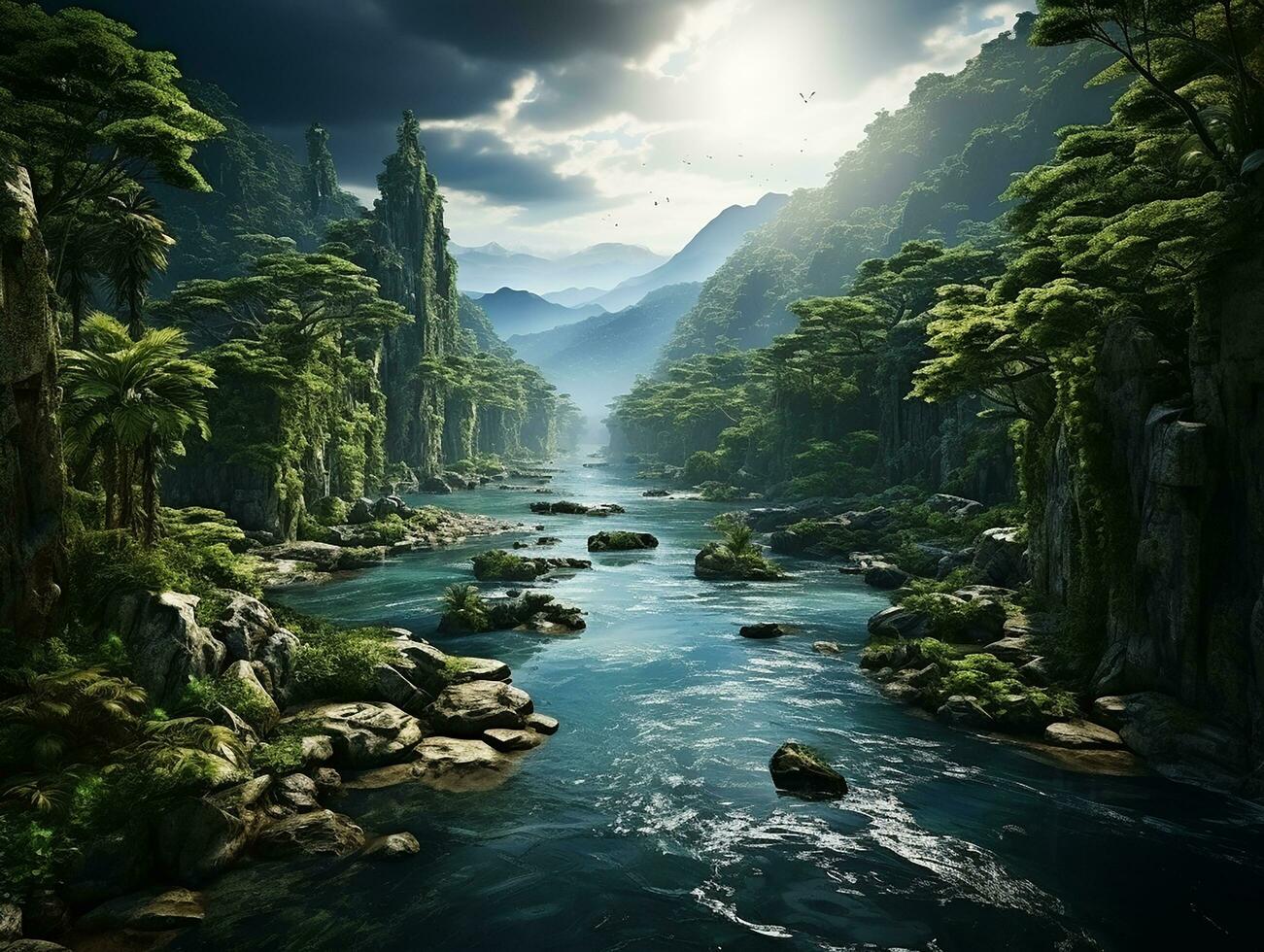 aéreo ver de lluvia bosque a el luz ai generativo foto