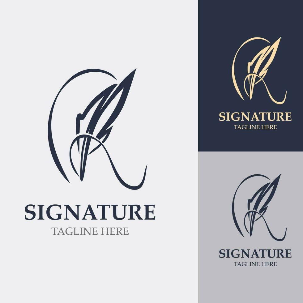 pluma y firma logo diseño minimalista negocio símbolo firmar modelo ilustración vector