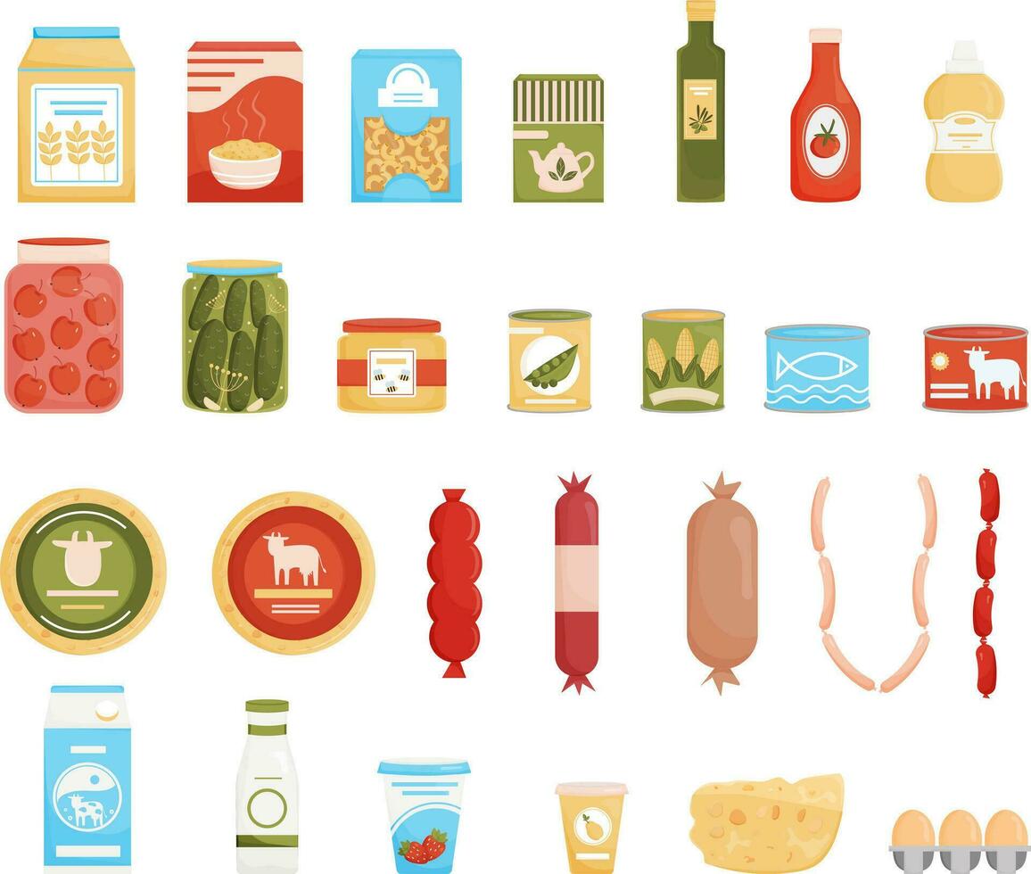 Set of grocery products on a white background. Grocery. Gastronomy. Supermarket products. Canned food, dairy, cereal, flour, sausage. Vector flat illustration.