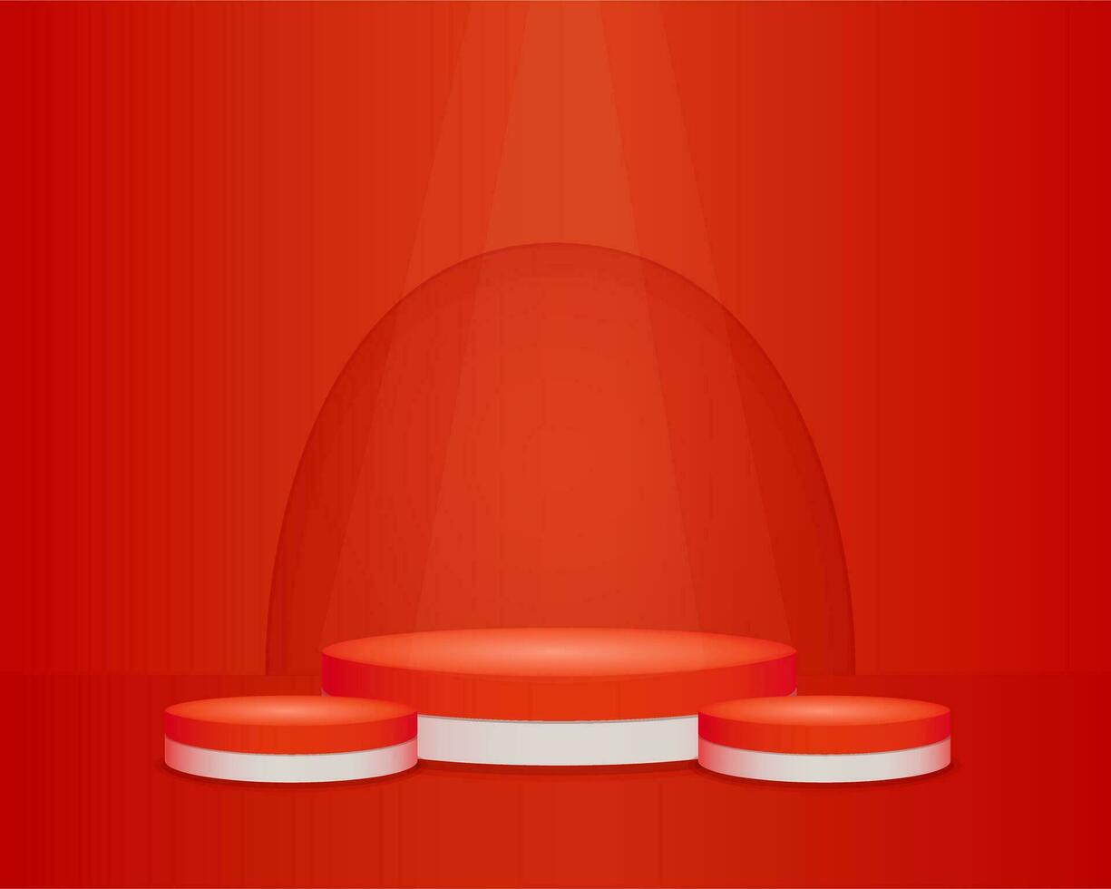 Set red realistic cylinder pedestals podiums. Arch in backdrop. Abstract vector geometric platform.